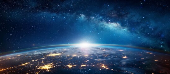 Wall Mural - A stunning image of the globe from space during nighttime, showcasing twinkling stars and fluffy clouds against the dark backdrop
