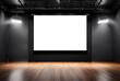 Large projection screen on stage, presentation board, blank whiteboard for conference. Screen display for creative design, free space for advertisement. Advertising mockup concept. Copy ad text space