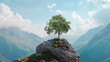Lonely tree on cliff top at on blue sky background, scenic view of mountains in summer, amazing landscape with rock and green plants. Concept of nature, minimalism, outdoor