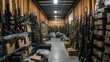 Warehouse with weapon and army equipment, boxes and assault rifles in dark storage, illegal smuggle arsenal of guns. Concept of war, store, military industry, background, violence