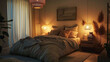 Interior of cozy bedroom at night, room with bed, lamps and wood furniture. Brown rustic design with lights and posters. Theme of style, home, decor, house,