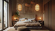 Interior of cozy bedroom in tropical house, room with bed, lamps and wood furniture. Brown rustic design with lights. Theme of style, home, decor