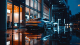 Fototapeta  - Modern shiny car parked at store at night, luxury new vehicle on city street near dealership in rain. Urban reflections and lights background. Concept of sport, design, road.