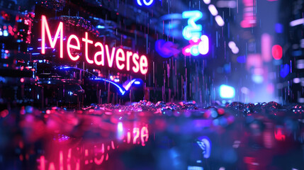 Wall Mural - Futuristic dark cyberpunk city with neon sign Metaverse, abstract digital world, lettering on rain and lights background. Concept of technology, cyber future,, virtual reality