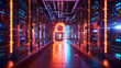 High-tech data center with a glowing digital padlock and rows of server racks
