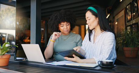 Sticker - Cafe, coworkers and tablet with laptop, remote work and conversation for job, online and internet. Women, project and explaining for freelance career, copywriters or working on social media campaign