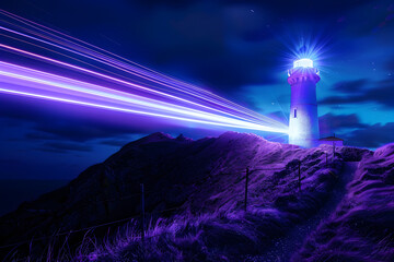 Wall Mural - Mysterious glowing neon lighthouse isotated on black background.