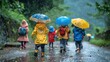 © meta - A group of children in colorful raincoats and umbrellas walk along a wet path, enjoying a rainy day on their way home from school, surrounded by lush greenery.