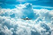 Airplane soaring through a vibrant blue sky with fluffy white clouds, travel and transportation concept, photo