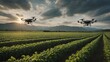 Agricultural drones flying over an agricultural field, scanning and analysing the crop. Smart agriculture, innovative technologies using artificial intelligence and 5G networks