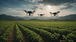 Agricultural drones flying over an agricultural field, scanning and analysing the crop. Smart agriculture, innovative technologies using artificial intelligence and 5G networks