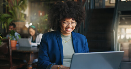 Fototapete - Woman, happy and cafe with laptop, remote work and typing for job, online and internet. Corporate outfit, journalist and technology for freelance career, copywriter and working on social media