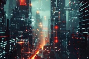 Wall Mural - Futuristic cyberpunk cityscape with glowing data networks, skyscrapers, digital art