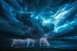 Dramatic stormy sky with multiple cloud to ground lightning strikes, powerful nature display