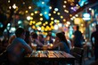 Bokeh lights illuminating lively street bar scene, people enjoying dinner and music together, vibrant urban nightlife