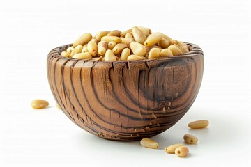 Wall Mural - Rustic wooden bowl overflowing with fresh pine nuts, isolated on white background, healthy vegan snack