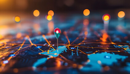 Wall Mural - A digital map featuring interconnected location pins, symbolizing global network connectivity and geographic information technology. Concept of global connections and geolocation maps for business.