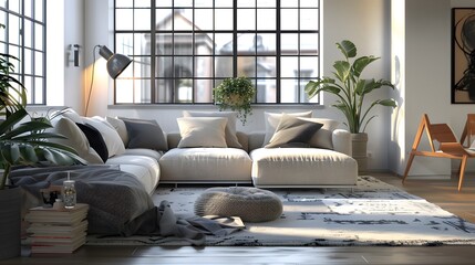 Living room bright interior . 3D rendering