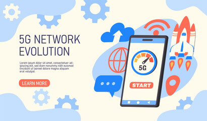 Poster - 5G network evolution poster. Smartphone with statistics and infographics. Internet and wireless connection. Fast spped of communication. Landing webpage design. Cartoon flat vector illustration