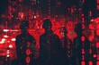 Faceless hackers shrouded in ominous red shadows, coding amidst abstract digital symbols, cybersecurity concept illustration