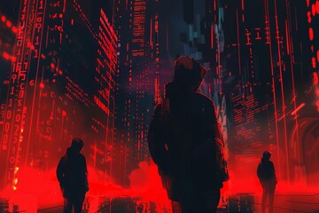 Wall Mural - Faceless hackers shrouded in ominous red shadows, coding amidst abstract digital symbols, cybersecurity concept illustration