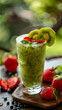 Kiwi Strawberry Surprise Shake Garnish with slices of kiwi and strawberries on the rim of the glass, blur background, delicious food style, natural look