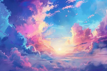 Wall Mural - Vibrant Sky with Fluffy Clouds and Pastel Horizon, Digital Painting