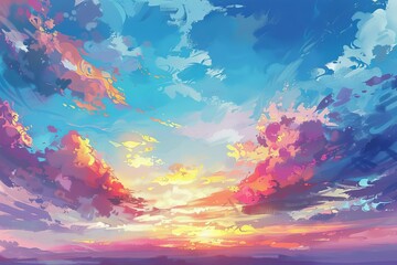 Wall Mural - Vibrant Sky with Fluffy Clouds and Pastel Horizon, Digital Painting