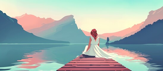 Sticker - A woman sits on the dock, gazing at the tranquil waters and expansive sky. Her peaceful gesture reflects happiness in this leisurely travel moment, surrounded by the natural beauty of the landscape