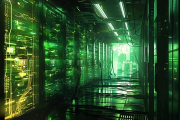 Wall Mural - Futuristic Server Room with Glowing Lights and Wires, Concept Illustration