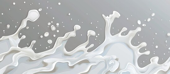 Wall Mural - A macro photograph capturing a splash of milk against a grey background, showcasing the fluidity and pattern of the liquid