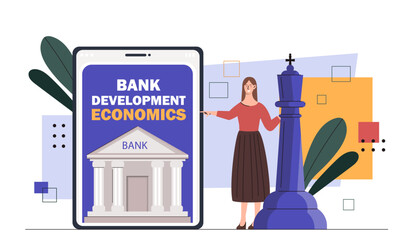 Poster - bank development economics. woman with chess pieces. business planning and vision of future.