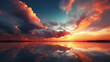 Closeup of sunset sky landscape atmosphere with red orange cloudy heaven and a lake or sea with water