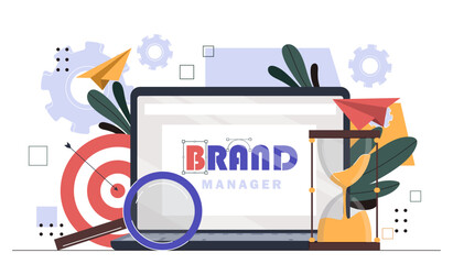 Poster - Brand manager concept. Promotion of company on internet and social networks and messengers. Creating logotype for organization. Cartoon flat vector illustration isolated on white background