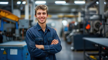 Wall Mural - Future Leader in Manufacturing - A young engineer with a friendly smile in an industrial environment.