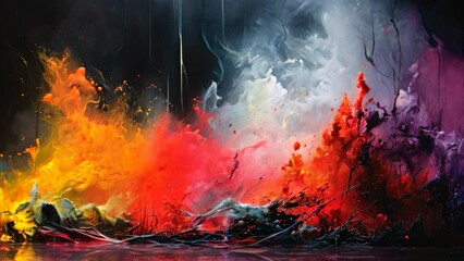 Poster - Abstract Painting, Colorful Smoke and Water Blend With Ethereal Beauty, Blend of intense colors depicting a riotous, abstract tropical storm, AI Generated