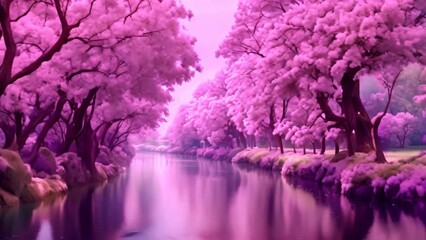 Poster - This stunning artwork depicts a serene river flowing amidst a tranquil forest of lush trees, Cherry blossom trees in full bloom along a serene riverâ€�, AI Generated