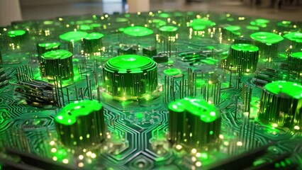 Sticker - A detailed view of a computer circuit board featuring glowing green lights, Circuit board transformed into an electric, green labyrinth, AI Generated