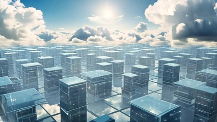 Poster - An incredible sight of numerous servers defying gravity, levitating in mid-air for advanced data processing tasks, Cloud computing concept with enormous server racks floating in the sky, AI Generated