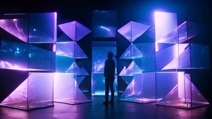 Poster - a person standing in front of a wall made up of cubes stacked together, cluster of holographic proje