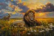 Jesus Christ The Sacrificial Lamb and Triumphant Lion, Dual Symbolism in a Sunset Meadow - Oil Painting