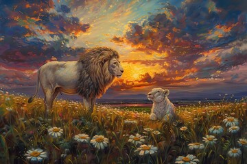 Wall Mural - Jesus Christ The Sacrificial Lamb and Triumphant Lion, Dual Symbolism in a Sunset Meadow - Oil Painting