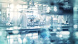 A blurred background of an advanced laboratory with scientists in white coats working on scientific equipment