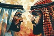 Intense Standoff Arab and Jewish Men Lock Eyes Amidst Regional Tensions - Dramatic Portrait Illustration
