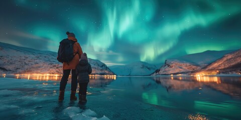 vivid close-up of a father and son tourists photographing norway’s northern lights, rear side photo