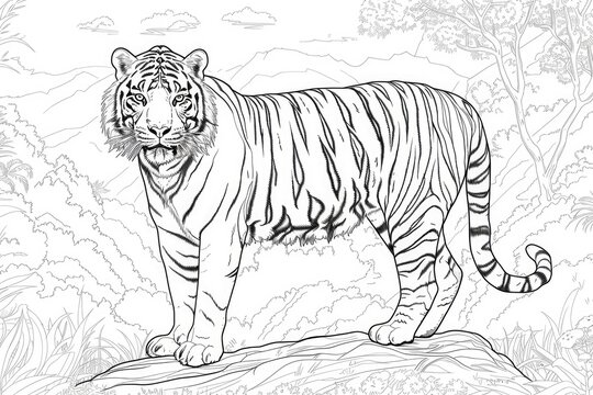 Tiger standing on the rock coloring page for children. Black and white picture. AI Generated 