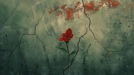 Vintage illustration of hope with a lone flower growing through cracks in concrete. Red and Green tones. Grunge style illustration