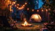 A backyard camping scene at night with a lit tent, fire pit, and string lights, perfect for illustrating family staycation ideas or backyard adventures.