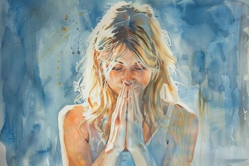 Wall Mural - Serene watercolor painting of a woman deep in prayer, radiating peace and spirituality, delicate artwork