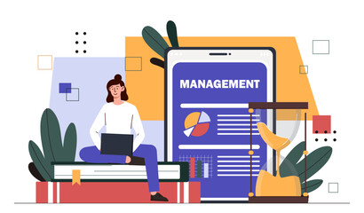 Poster - Woman with tasks management. Time management and organization of efficient work process. Young girl with laptop sitting at stack of books. Hardworking businesswoman. Cartoon flat vector illustration